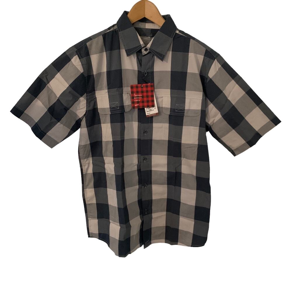 Woolrich Hiking Shirt Mens Medium Short Sleeve Tan Buffalo Check Wicking NEW